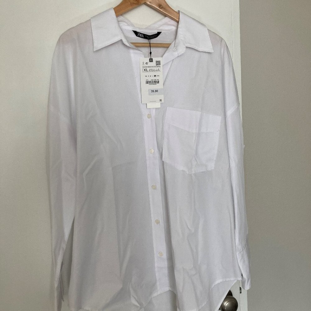 NWT Zara White Poplin Button Up Shirt XL